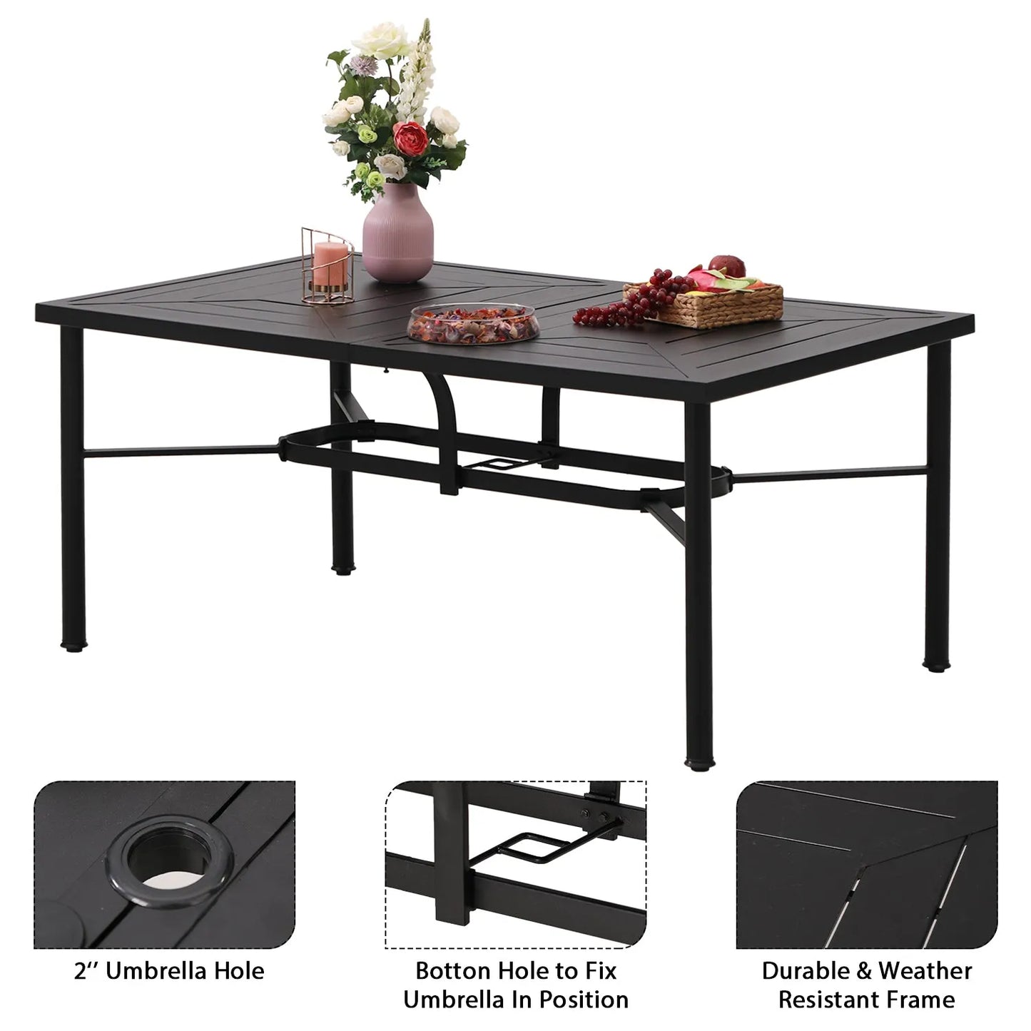 7-Piece Patio Dining Set With 6 Cushioned Steel & Rattan Chairs and Rectangle Table