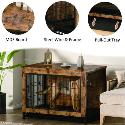 Industrial Style Rustic Brown Wooden Dog Kennel With Three Doors, Indoor Pet Furniture Dog Crate End Table