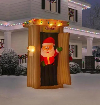 Christmas-animated inflatable santa coming out of the house