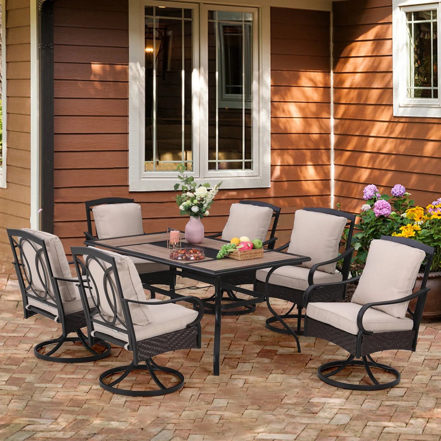 7-Piece Patio Dining Set With 6 Cushioned Steel & Rattan Chairs and Rectangle Table