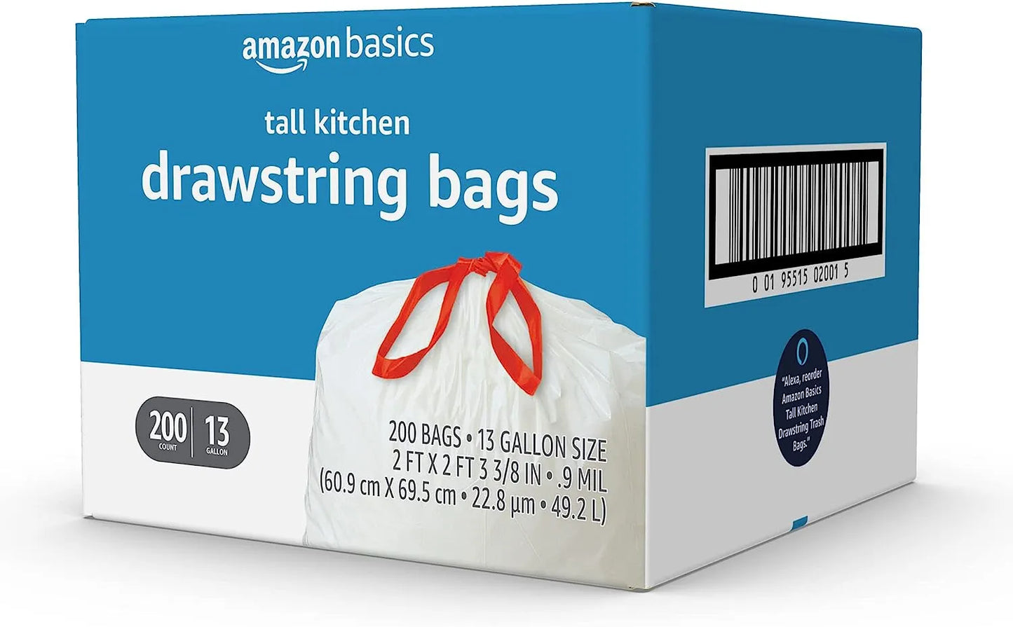 Basics Tall Kitchen Drawstring Trash Bags, 13 Gallon, Unscented, 120 Count (Previously Solimo)