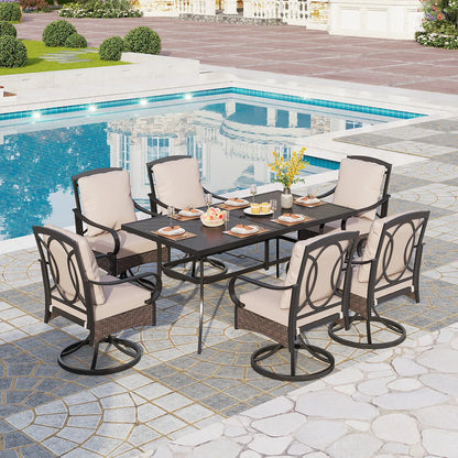 7-Piece Patio Dining Set With 6 Cushioned Steel & Rattan Chairs and Rectangle Table