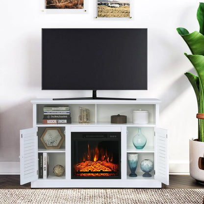 47" 1400W Electric Fireplace TV Stand Heater with Built-In Bookshelves and Cupboards - White