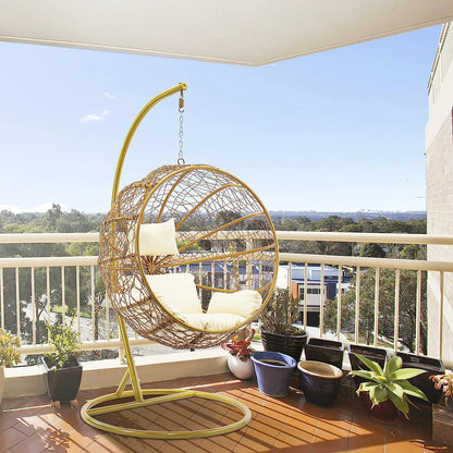 J.M.Deco Porch Swing Chair with Stand, Cushion & Pillow, Goldden Egg Rattan Wicker Swing Hanging Chair, Hammock Chair for Indoor, Outdoor, Garden, Backyard & Patio