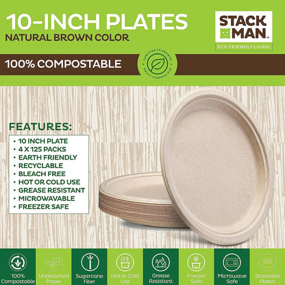 100% Compostable Paper Plates 9 Inch [500 Count] Heavy-Duty Dinner Plates - Natural Brown Color Unbleached Bagasse - Eco-Friendly Disposable Biodegradable Sugarcane Plates - [Bulk Case 4/125 Pack]