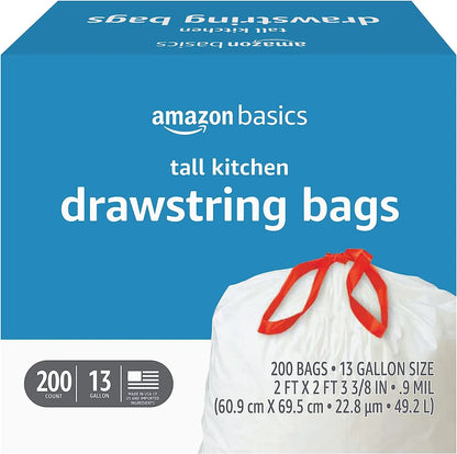 Basics Tall Kitchen Drawstring Trash Bags, 13 Gallon, Unscented, 120 Count (Previously Solimo)