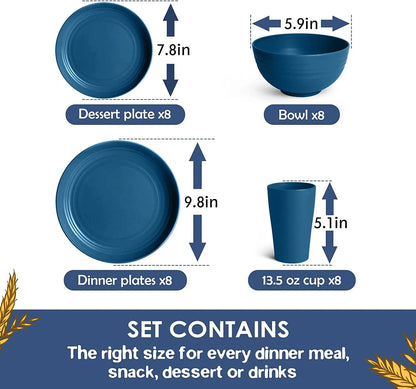 32-Piece Kitchen Wheat Straw Dinnerware Set, Service for 8, Dinner Plates, Dessert Plate, Cereal Bowls, Cups, Unbreakable Plastic Outdoor Camping Dishes, Black