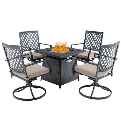 5-Piece Patio Fire Pit Set Steel Swivel Chairs With Cushions & 50,000BTU Square Fire Pit Table