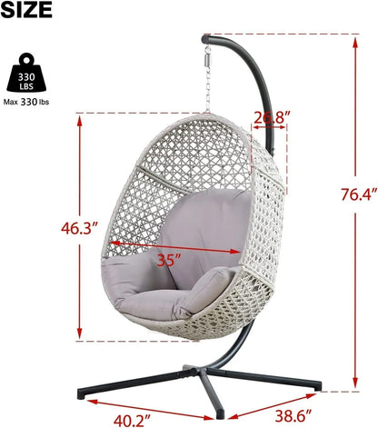 PRIVATE GARDEN Large Hanging Egg Chair with Stand Upgraded Wicker Egg Swing Chair Outdoor Indoor PE Rattan Hanging Chair with Grey Comfort Cushion Heavy Duty C-Stand