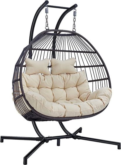 Hanging Egg Chair with Stand, 2 Person Heavy Duty Hanging Wicker Rattan Swing Chair Basket Hammock Nest Chair Seat for Indoor Outdoor Patio Lounger Swinging Loveseat (Beige)