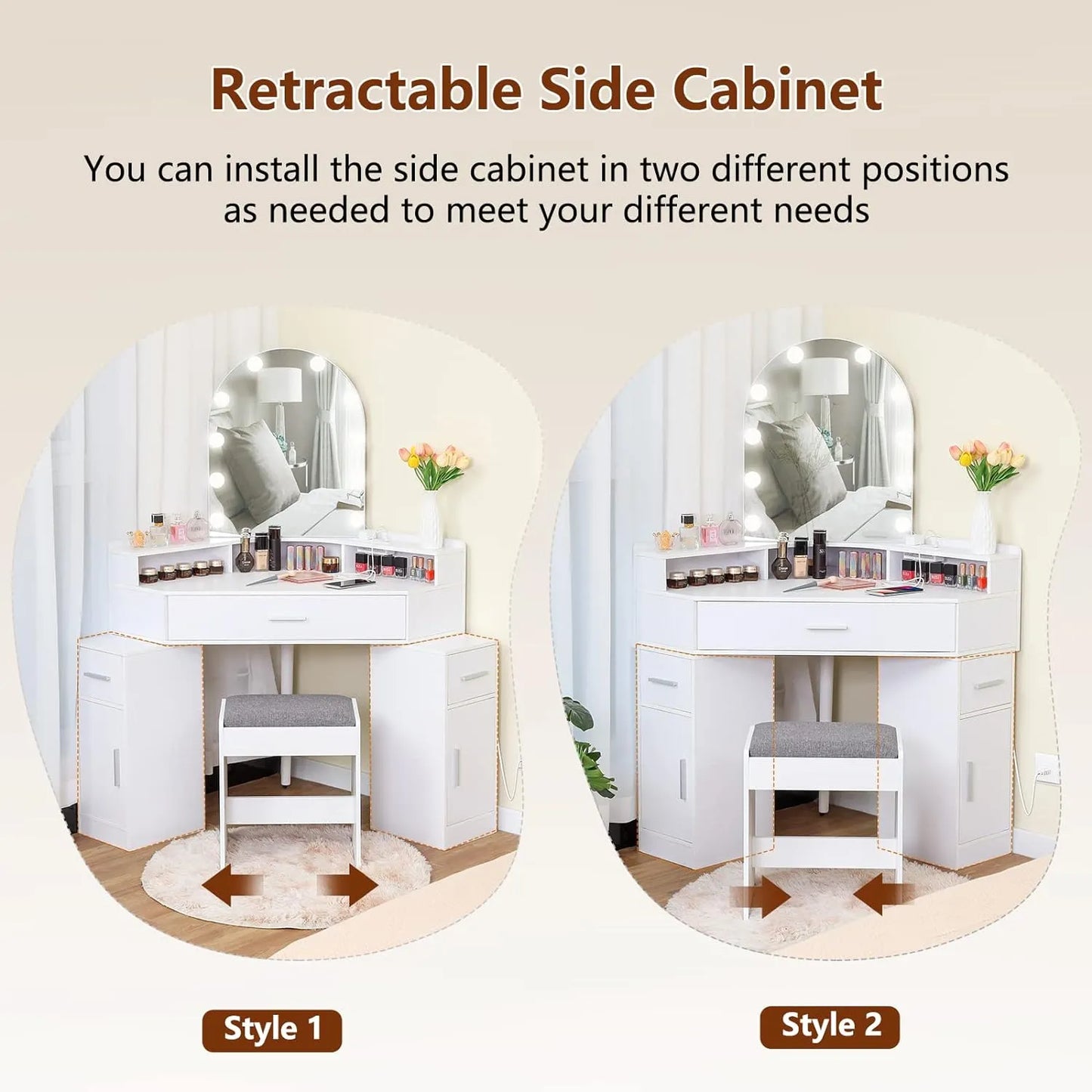 usikey Corner Vanity Desk with Mirror and Lights, Makeup Vanity Table with Charging Station, 3 Drawers & Retractable Side Cabinets, Vanity Desk with Cushioned Stool for Christmas Day, White