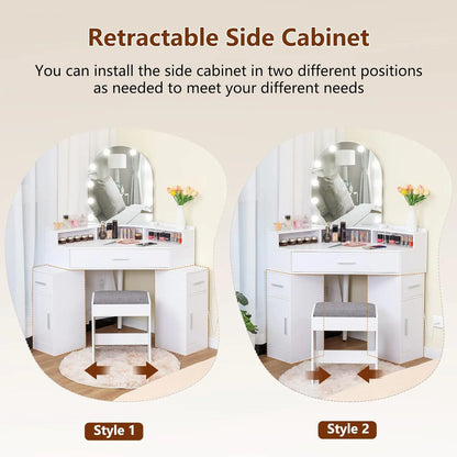 usikey Corner Vanity Desk with Mirror and Lights, Makeup Vanity Table with Charging Station, 3 Drawers & Retractable Side Cabinets, Vanity Desk with Cushioned Stool for Christmas Day, White