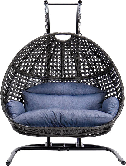 JOYBASE Hanging Egg Chair with Stand, Outdoor Wicker Rattan Egg Swing Chair with Stand and Cushion for Indoor Outdoor Bedroom Patio Garden (Grey/Black)