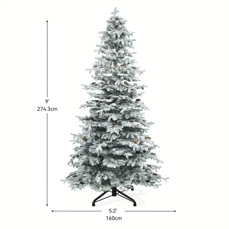 🔥🔥Dextrus 9FT Pre- Lit Snow- Flocked Mountain Pine Artificial Christmas Tree, Pre- Decorated with 1818 Branch Tips, 820 LED Lights, and 80 Pinecones for Holiday Home and Party Decorations