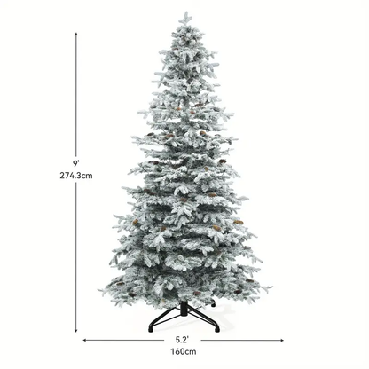🔥🔥Dextrus 9FT Pre- Lit Snow- Flocked Mountain Pine Artificial Christmas Tree, Pre- Decorated with 1818 Branch Tips, 820 LED Lights, and 80 Pinecones for Holiday Home and Party Decorations