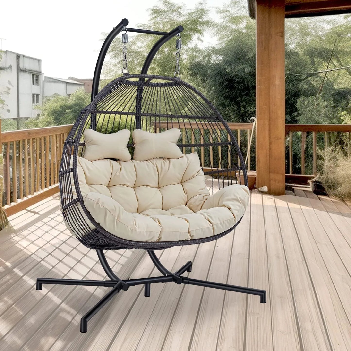 JOYBASE Hanging Egg Chair with Stand, Outdoor Wicker Rattan Egg Swing Chair with Stand and Cushion for Indoor Outdoor Bedroom Patio Garden (Grey/Black)