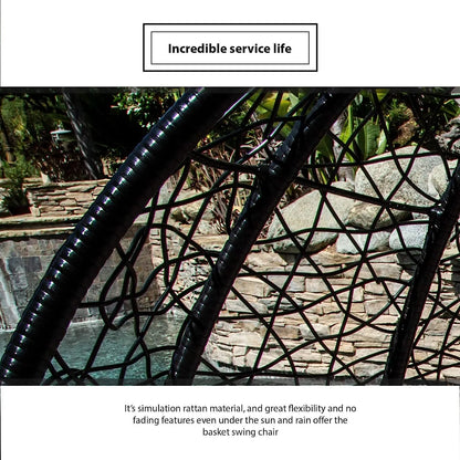 J.M.Deco Porch Swing Chair with Stand, Cushion & Pillow, Goldden Egg Rattan Wicker Swing Hanging Chair, Hammock Chair for Indoor, Outdoor, Garden, Backyard & Patio