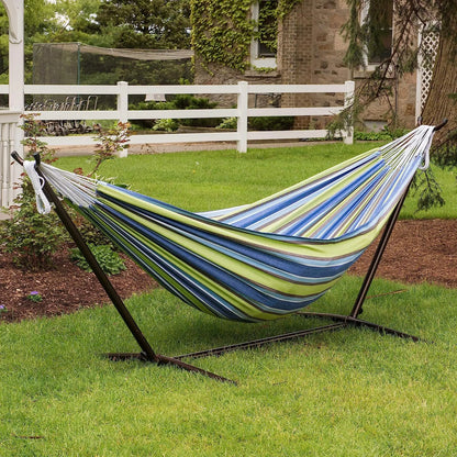 Double Cotton Hammock with Space Saving Steel Stand, Tropical (450 lb Capacity - Premium Carry Bag Included)