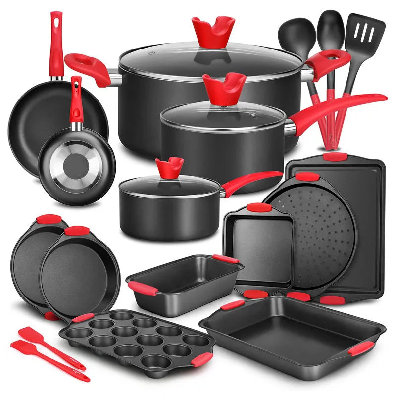 Red Silicone Handles Oven Safe 21 Piece Set Black