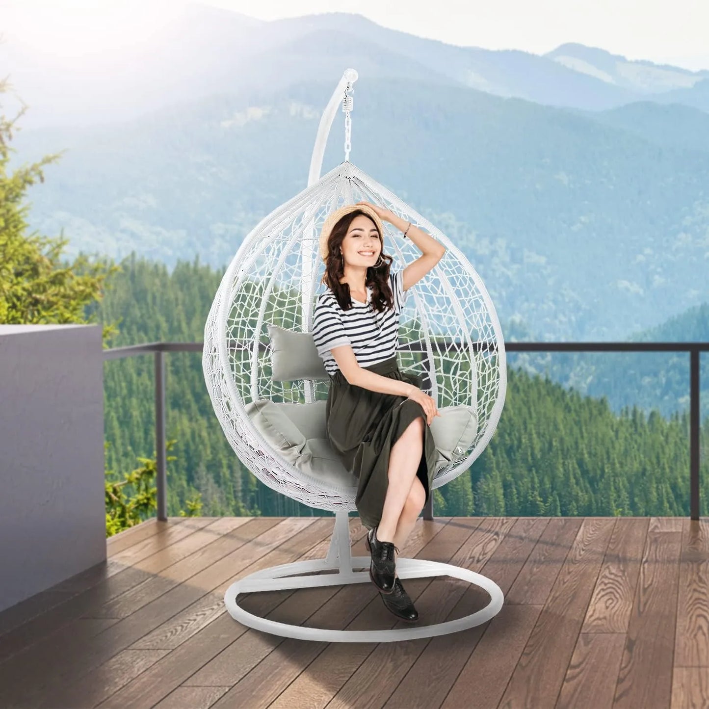 J.M.Deco Porch Swing Chair with Stand, Cushion & Pillow, Goldden Egg Rattan Wicker Swing Hanging Chair, Hammock Chair for Indoor, Outdoor, Garden, Backyard & Patio