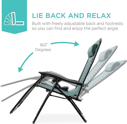 Set of 2 Adjustable Steel Mesh Zero Gravity Lounge Chair Recliners w/Pillows and Cup Holder Trays