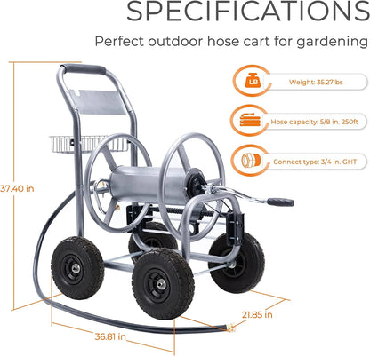 Hose Reel Cart, Hose Reel Cart with Wheels Heavy Duty, Industrial Hose Reels for Outside, 250-Feet of 5/8" Hose Capacity, Hose Guide Installed