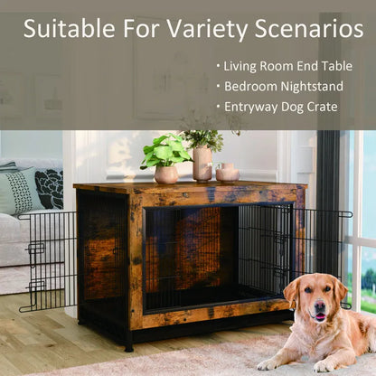 Industrial Style Rustic Brown Wooden Dog Kennel With Three Doors, Indoor Pet Furniture Dog Crate End Table