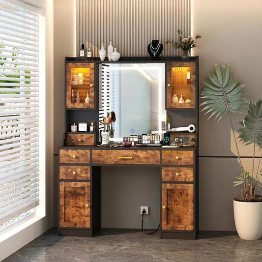 Dnxao Large Make up Vanity Desk with Mirror and Lights,3 Lights Mode and Brightness Adjusted by Touch Button, Built-in Power Strip and 6 Drawers,4 cabinets,2 cabinets with RGB Lights