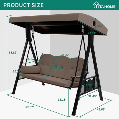 YITAHOME 3-Seat Deluxe Porch Swing Outdoor Heavy Duty Patio Swing Chair with Adjustable Canopy Removable Cushions Weather Resistant Steel Frame Suitable for Garden, Lawn, Backyard, Balcony, Brown