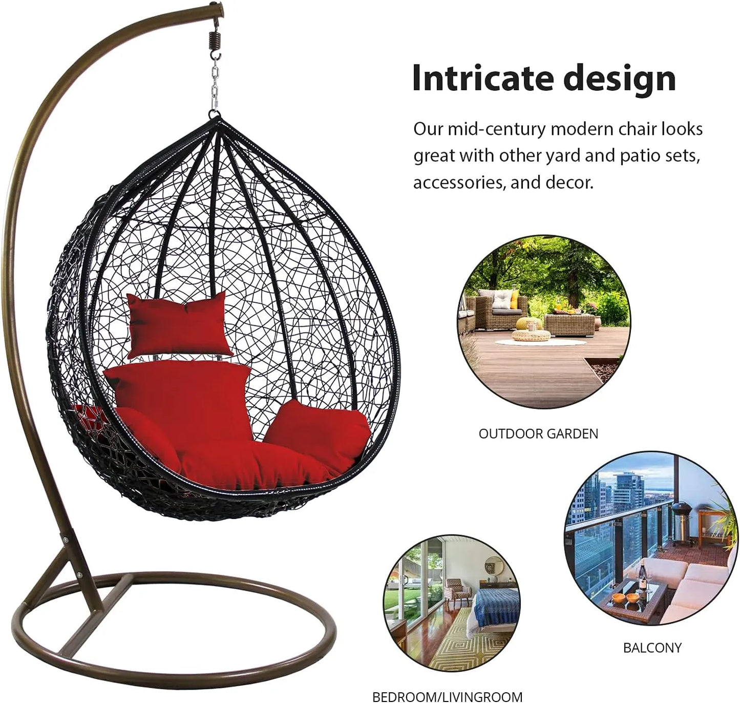 J.M.Deco Porch Swing Chair with Stand, Cushion & Pillow, Goldden Egg Rattan Wicker Swing Hanging Chair, Hammock Chair for Indoor, Outdoor, Garden, Backyard & Patio
