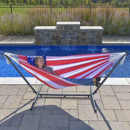 Double Cotton Hammock with Space Saving Steel Stand, Tropical (450 lb Capacity - Premium Carry Bag Included)