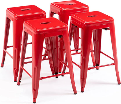 24 Inch Metal Bar stools, Backless Counter Height Barstools, Indoor Outdoor Stackable Stools with Square Seat