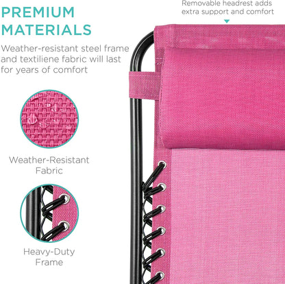 Set of 2 Adjustable Steel Mesh Zero Gravity Lounge Chair Recliners w/Pillows and Cup Holder Trays