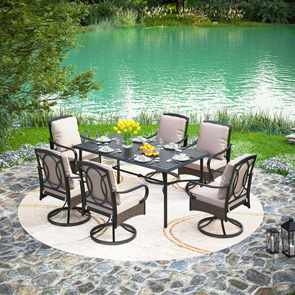 7-Piece Patio Dining Set With 6 Cushioned Steel & Rattan Chairs and Rectangle Table