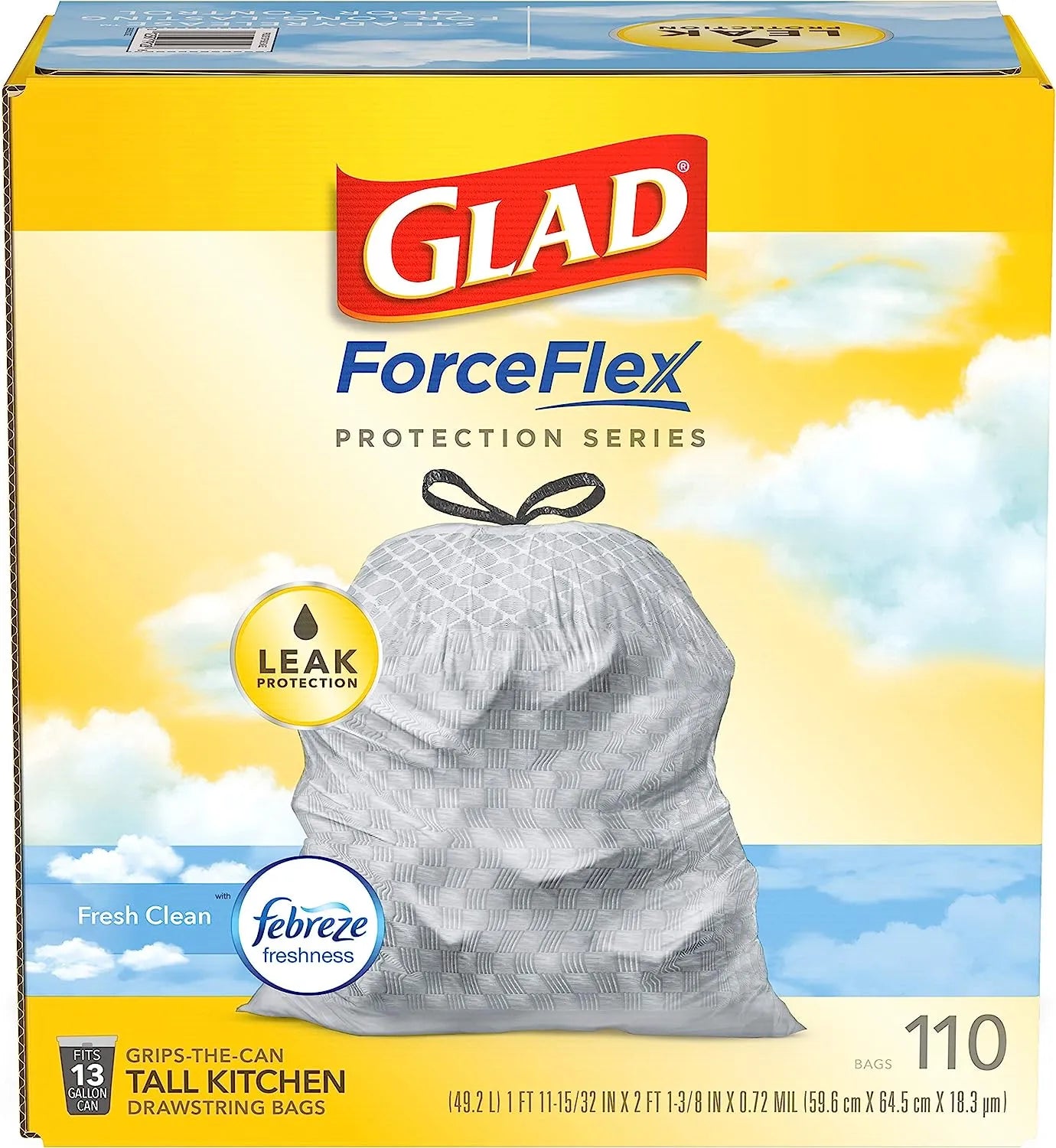 Glad Protection Series Force Flex Drawstring Fresh Clean Odor Shield 13 Gallon 1/110ct