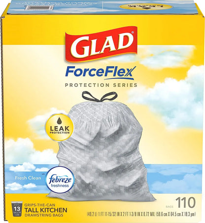 Glad Protection Series Force Flex Drawstring Fresh Clean Odor Shield 13 Gallon 1/110ct