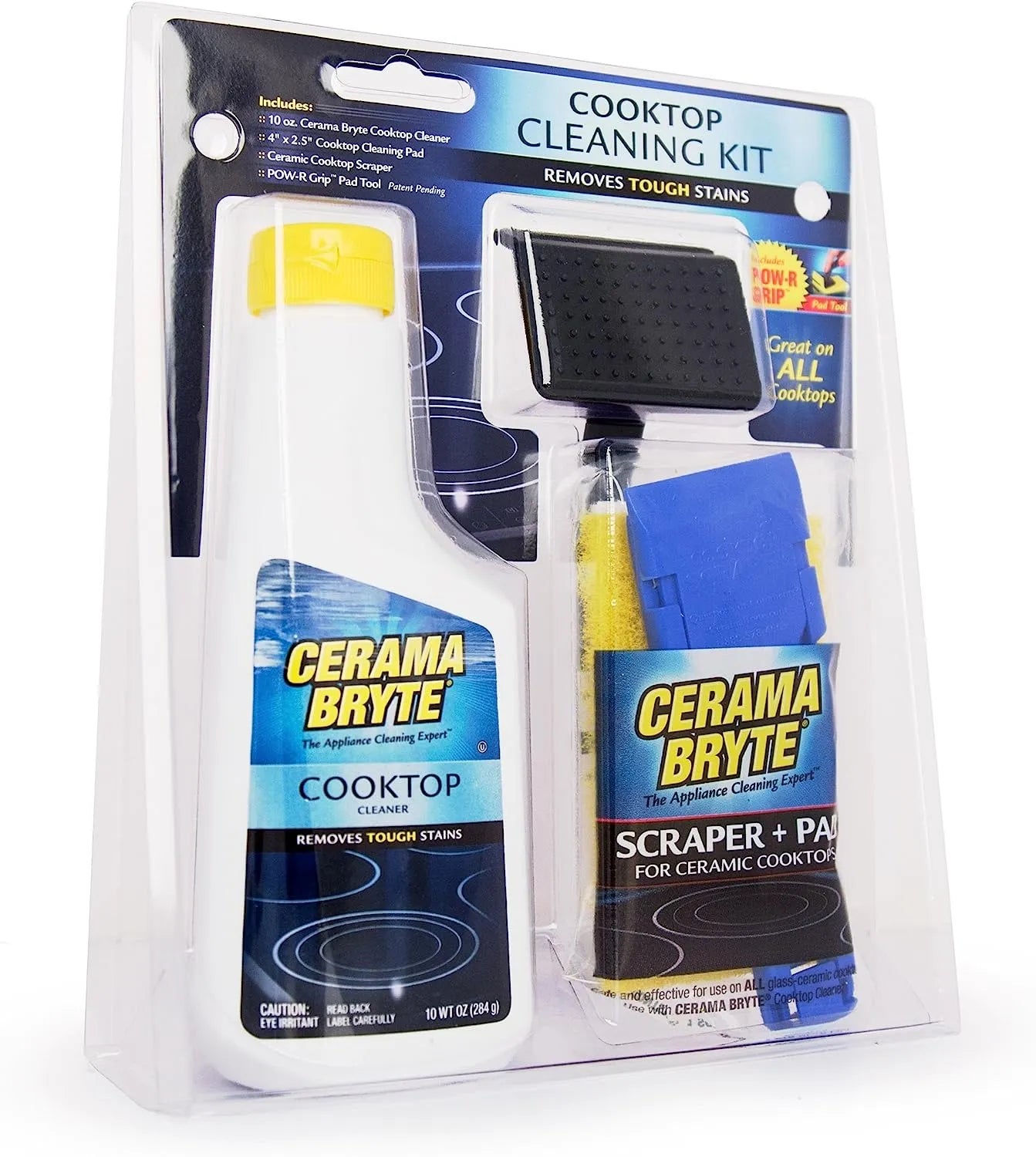 Cerama Bryte Combo Kit POW-R Grip, Scraper, Pad & Removes Tough Stains Cooktop and Stove Top Cleaner for Glass - Ceramic Surfaces, 10 Ounces, 4 Piece