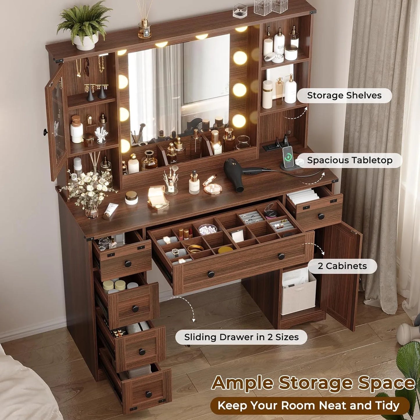 DICTAC Farmhouse Makeup Vanity Desk with Mirror and Lights, Large Vanity Table with Charging Station, 43'' Bedroom Dressing Table with 6 Drawers & 2 Cabinets, 3 Color Lighting Modes, Brown