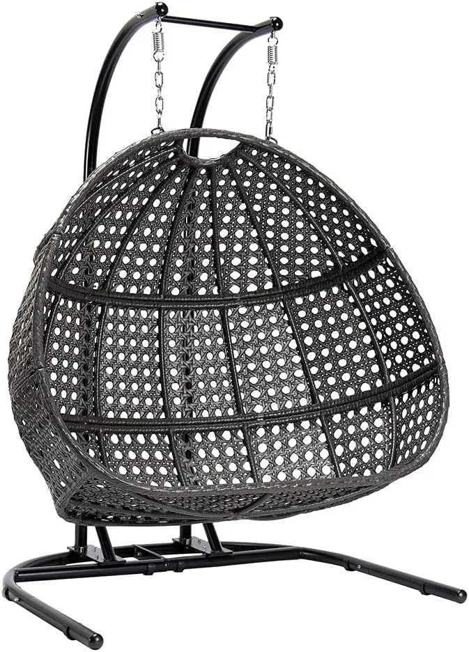 Hanging Egg Chair with Stand, 2 Person Heavy Duty Hanging Wicker Rattan Swing Chair Basket Hammock Nest Chair Seat for Indoor Outdoor Patio Lounger Swinging Loveseat (Beige)