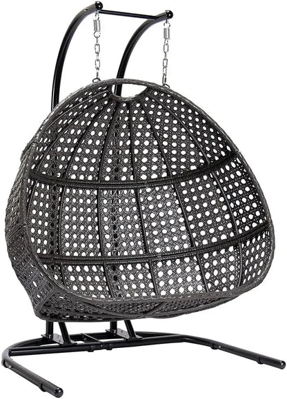 Hanging Egg Chair with Stand, 2 Person Heavy Duty Hanging Wicker Rattan Swing Chair Basket Hammock Nest Chair Seat for Indoor Outdoor Patio Lounger Swinging Loveseat (Beige)