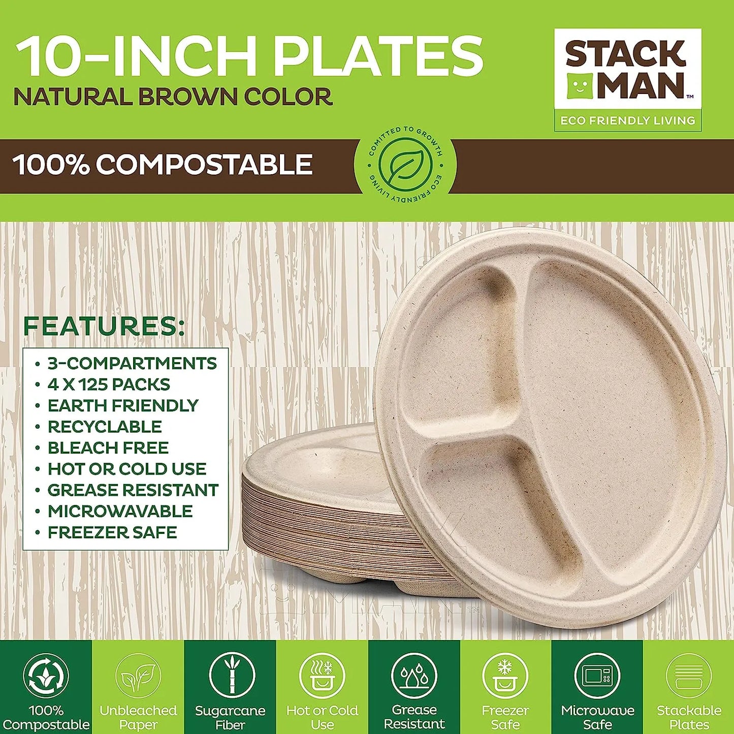 100% Compostable Paper Plates 9 Inch [500 Count] Heavy-Duty Dinner Plates - Natural Brown Color Unbleached Bagasse - Eco-Friendly Disposable Biodegradable Sugarcane Plates - [Bulk Case 4/125 Pack]