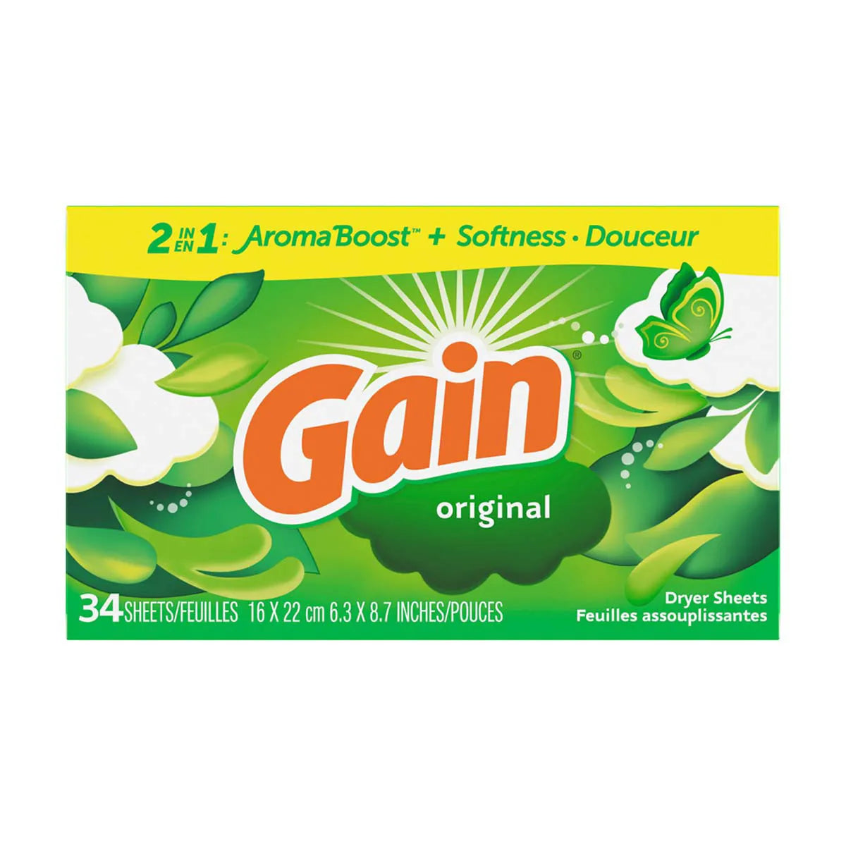 Gain Fabric Softener Dryer Sheets With 2-In-1 Aromaboost Plus Softness - Original Scent, 34 Ct
