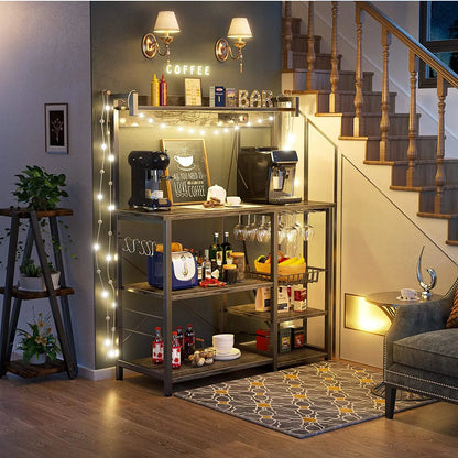 Bakers Rack with Power Outlet, Microwave Stand, Kitchen Storage Shelf with Wire Basket, Coffee Bar Station with Wine Glass Holder, 35.4" Kitchen Rack for Spices, Pots, and Pans