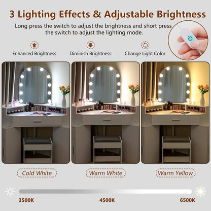 usikey Corner Vanity Desk with Mirror and Lights, Makeup Vanity Table with Charging Station, 3 Drawers & Retractable Side Cabinets, Vanity Desk with Cushioned Stool for Christmas Day, White