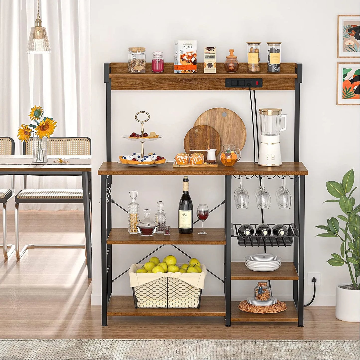 Bakers Rack with Power Outlet, Microwave Stand, Kitchen Storage Shelf with Wire Basket, Coffee Bar Station with Wine Glass Holder, 35.4" Kitchen Rack for Spices, Pots, and Pans