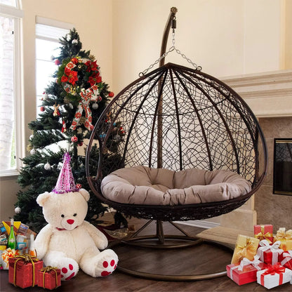 J.M.Deco Porch Swing Chair with Stand, Cushion & Pillow, Goldden Egg Rattan Wicker Swing Hanging Chair, Hammock Chair for Indoor, Outdoor, Garden, Backyard & Patio