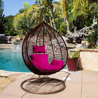 J.M.Deco Porch Swing Chair with Stand, Cushion & Pillow, Goldden Egg Rattan Wicker Swing Hanging Chair, Hammock Chair for Indoor, Outdoor, Garden, Backyard & Patio