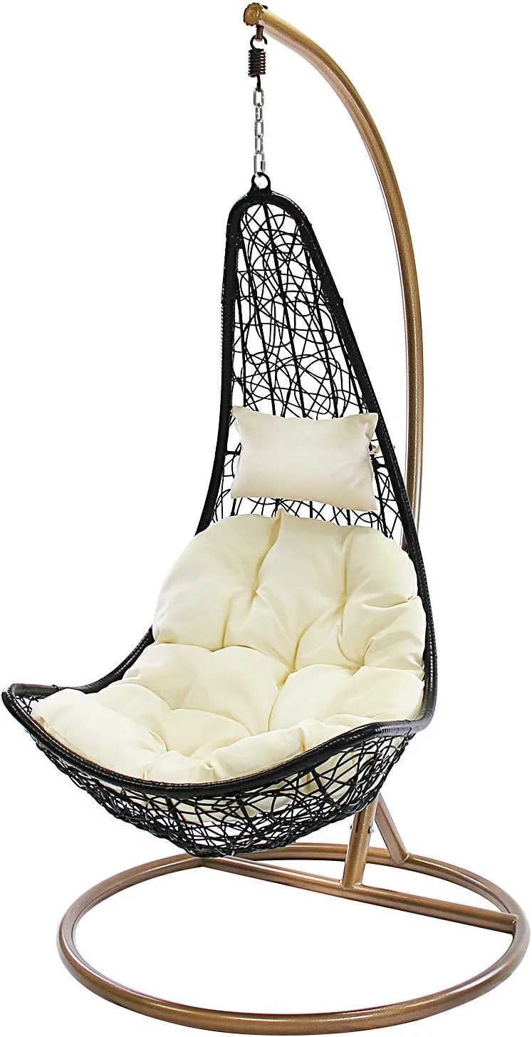 J.M.Deco Porch Swing Chair with Stand, Cushion & Pillow, Goldden Egg Rattan Wicker Swing Hanging Chair, Hammock Chair for Indoor, Outdoor, Garden, Backyard & Patio