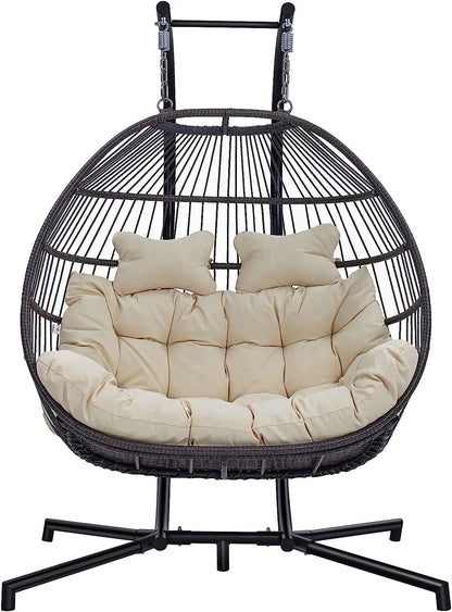 Hanging Egg Chair with Stand, 2 Person Heavy Duty Hanging Wicker Rattan Swing Chair Basket Hammock Nest Chair Seat for Indoor Outdoor Patio Lounger Swinging Loveseat (Beige)