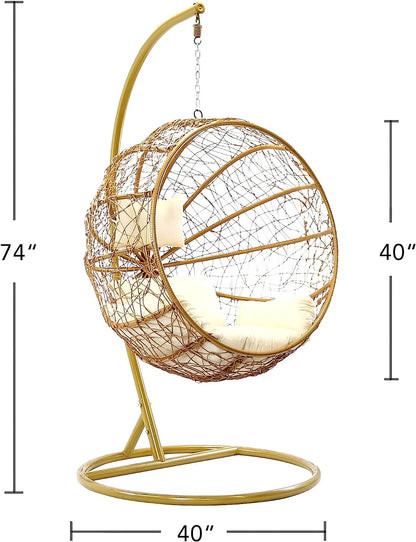 J.M.Deco Porch Swing Chair with Stand, Cushion & Pillow, Goldden Egg Rattan Wicker Swing Hanging Chair, Hammock Chair for Indoor, Outdoor, Garden, Backyard & Patio